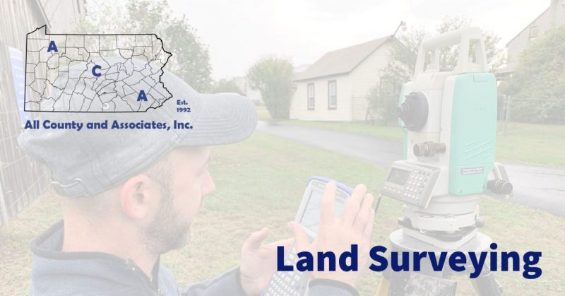 land surveying header image with person using surveying equipment in the background